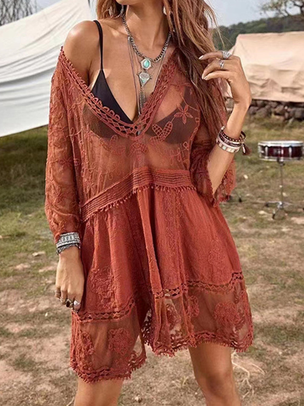 Lace Detail Plunge Cover-Up Dress-Teresa's Fashionista LLC