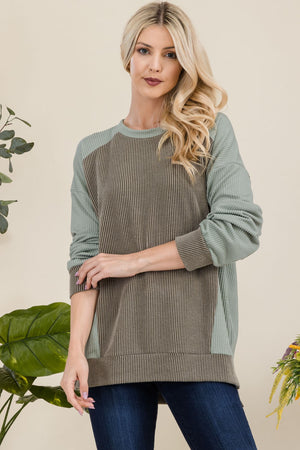 Celeste Full Size High-Low Contrast Round Neck Sweatshirt - Teresa's Fashionista LLC