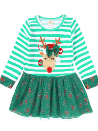Children's Christmas Reindeer Applique Striped Long Sleeve Dress