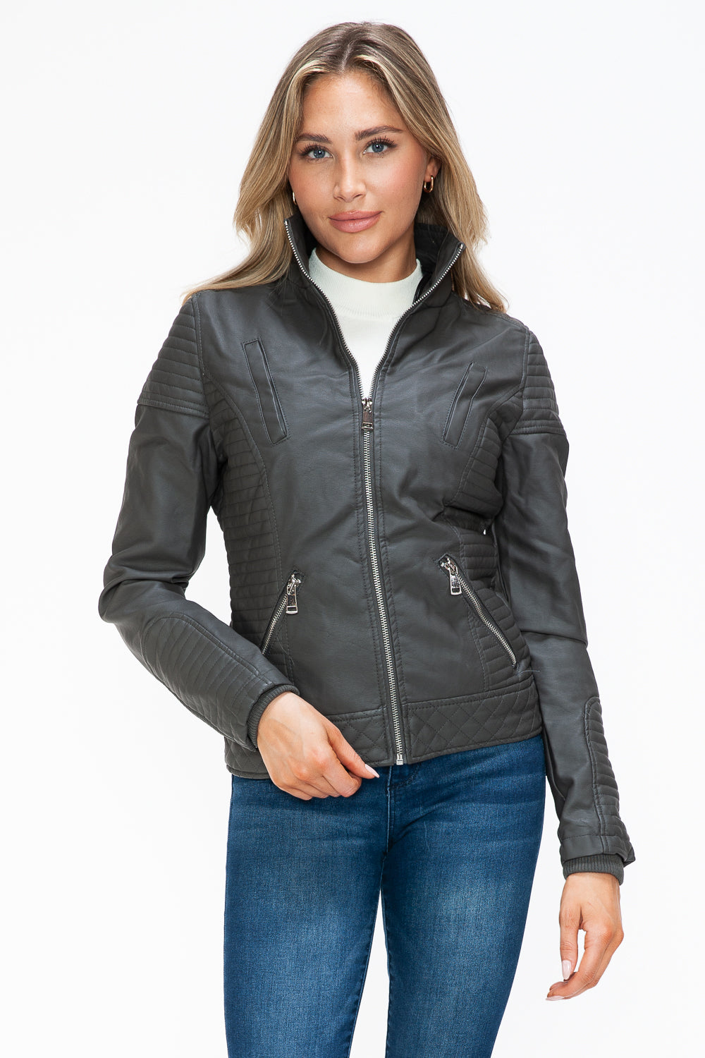YMI Faux Layered Double-Zipper Jacket with Fuzzy Hood - Teresa's Fashionista LLC