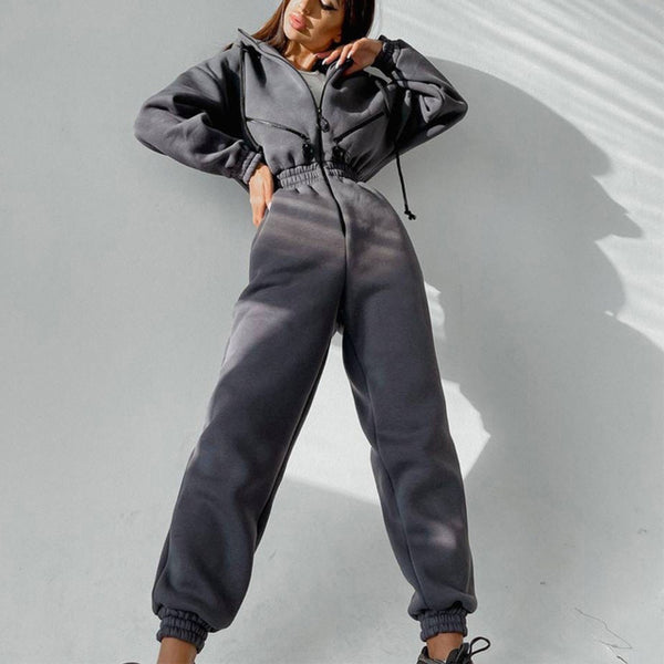 Casual Women Basic Hoodie Two Piece Sets Zipper Drawstring - Teresa's Fashionista LLC