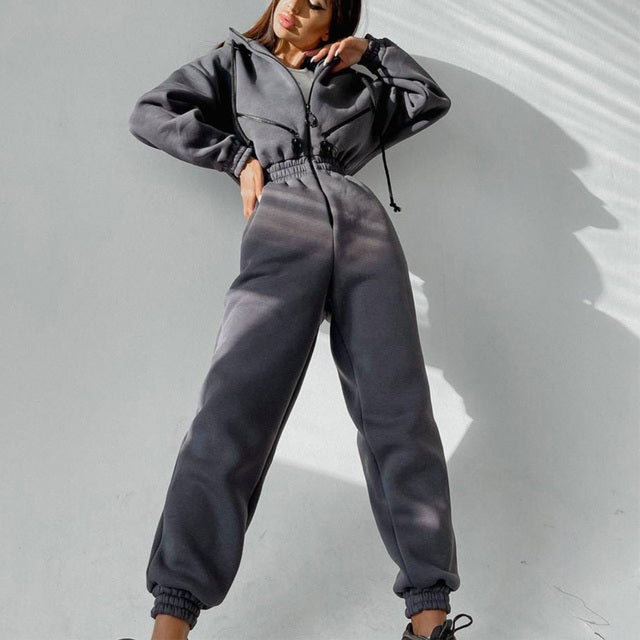Casual Women Basic Hoodie Two Piece Sets Zipper Drawstring - Teresa's Fashionista LLC
