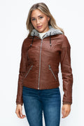 YMI Faux Layered Double-Zipper Jacket with Fuzzy Hood - Teresa's Fashionista LLC