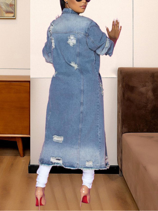 Long Sleeve Raw Hem Denim Jacket-Teresa's Fashionista LLC