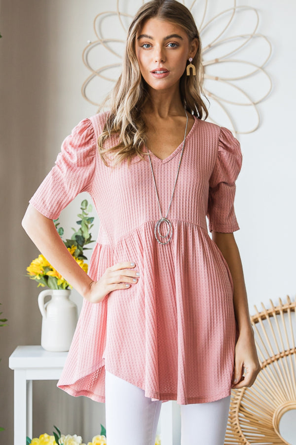 Heimish Full Size Waffle Knit V-Neck Babydoll Top-Teresa's Fashionista LLC