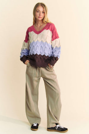 Davi & Dani Wavy Texture Color Block V-Neck Sweater - Teresa's Fashionista LLC