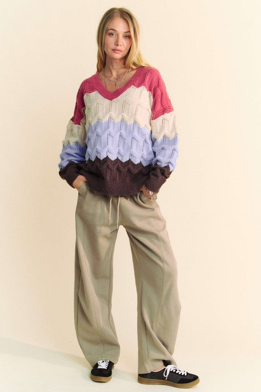 Davi & Dani Wavy Texture Color Block V-Neck Sweater - Teresa's Fashionista LLC