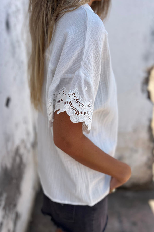 Lace Detail Collared Neck Short Sleeve Blouse-Teresa's Fashionista LLC