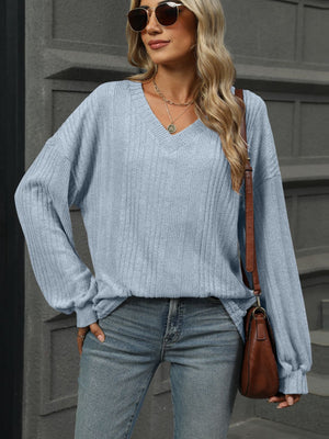 V-Neck Long Sleeve T-Shirt-Teresa's Fashionista LLC