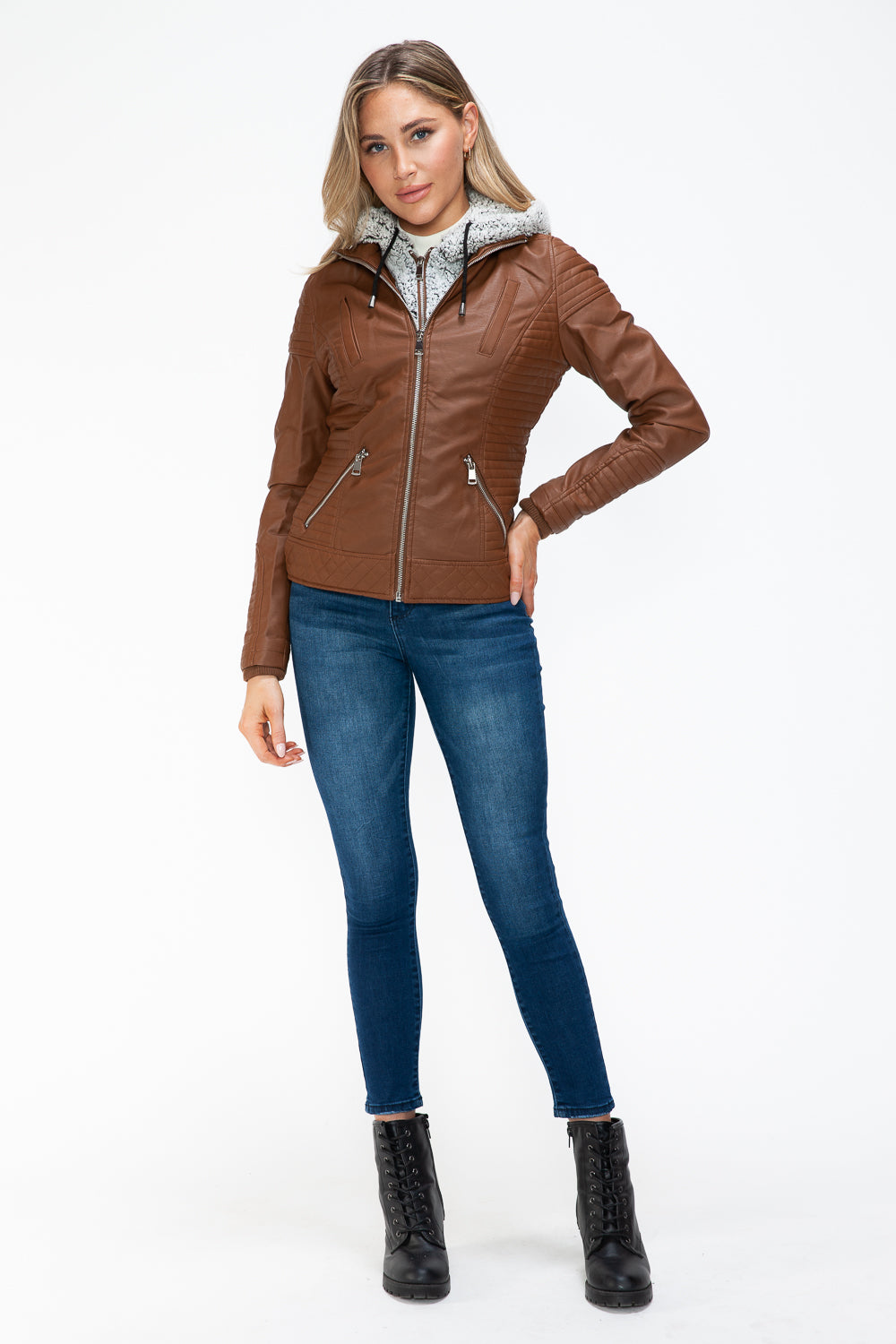 YMI Faux Layered Double-Zipper Jacket with Fuzzy Hood - Teresa's Fashionista LLC