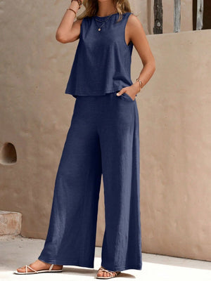 Round Neck Sleeveless Top and Wide Leg Pants Set-Teresa's Fashionista LLC