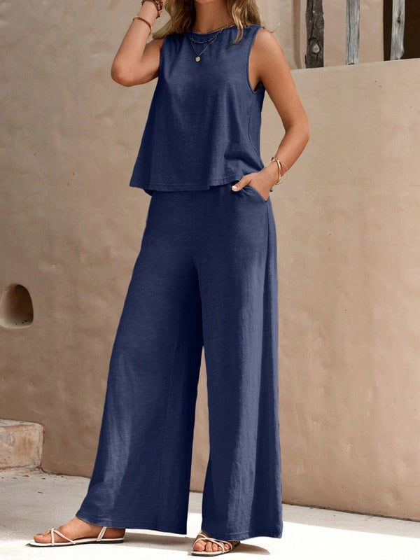 Round Neck Sleeveless Top and Wide Leg Pants Set-Teresa's Fashionista LLC