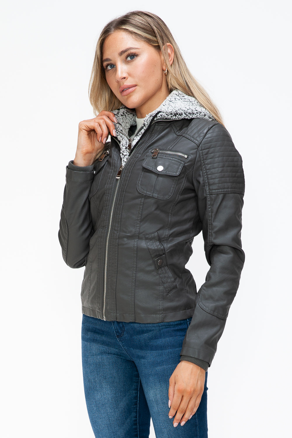 YMI Removable Faux Layered Multi-Pocket Jacket with Fuzzy Hood - Teresa's Fashionista LLC