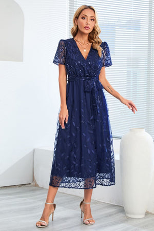 Sequin Leaf Embroidery Tie Front Short Sleeve Dress-Teresa's Fashionista LLC