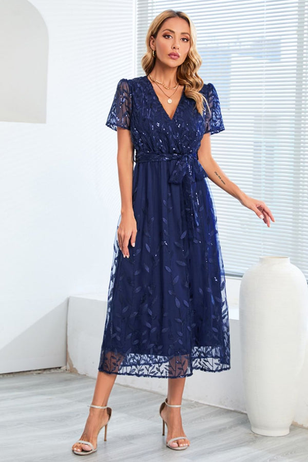 Sequin Leaf Embroidery Tie Front Short Sleeve Dress-Teresa's Fashionista LLC