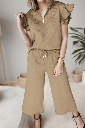 Ruffled Quarter Zip Top and Drawstring Pants Set-Teresa's Fashionista LLC