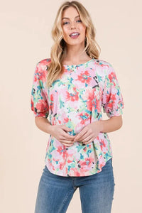 BOMBOM Floral Round Neck Puff Sleeve Top