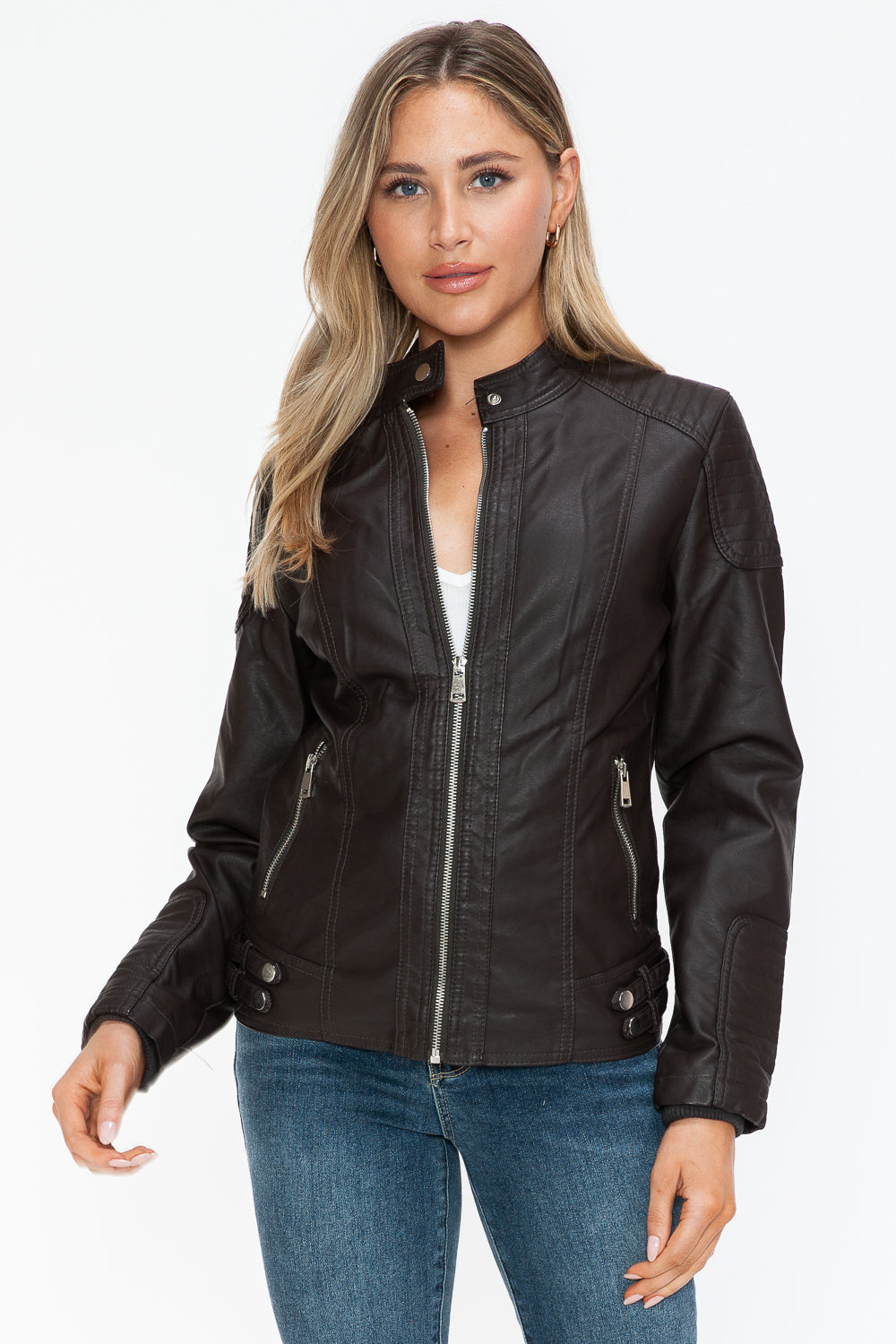 Snobbish Faux Leather Biker Jacket with Side Zip Pockets - Teresa's Fashionista LLC