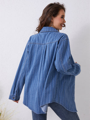 Pocketed Striped Button Up Denim Shirt-Teresa's Fashionista LLC