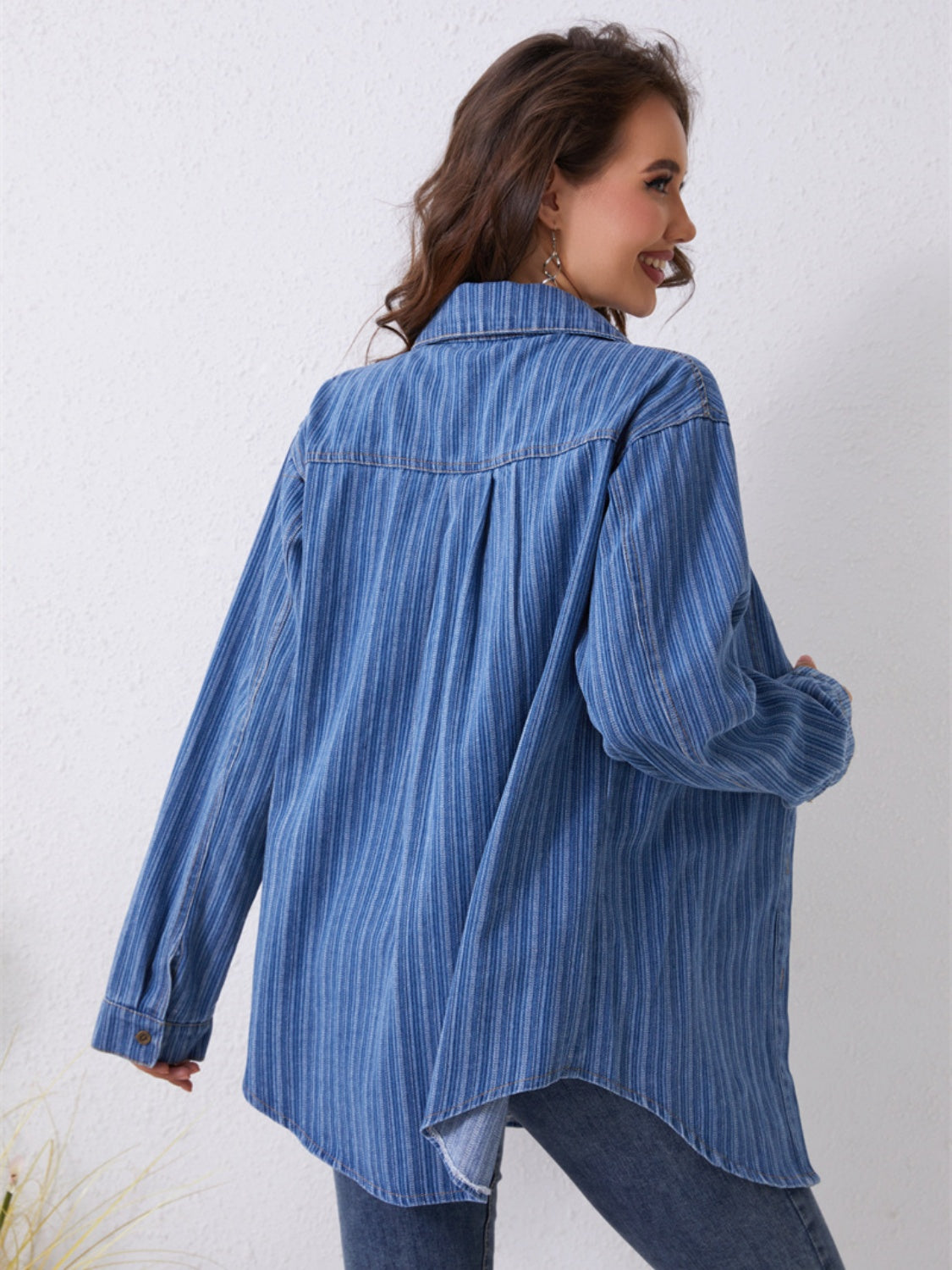 Pocketed Striped Button Up Denim Shirt-Teresa&#39;s Fashionista LLC