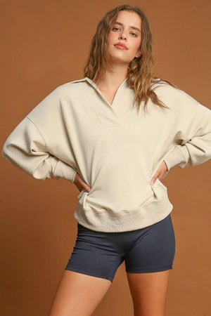 Umgee Johnny Collar Dropped Shoulder Sweatshirt - Teresa's Fashionista LLC