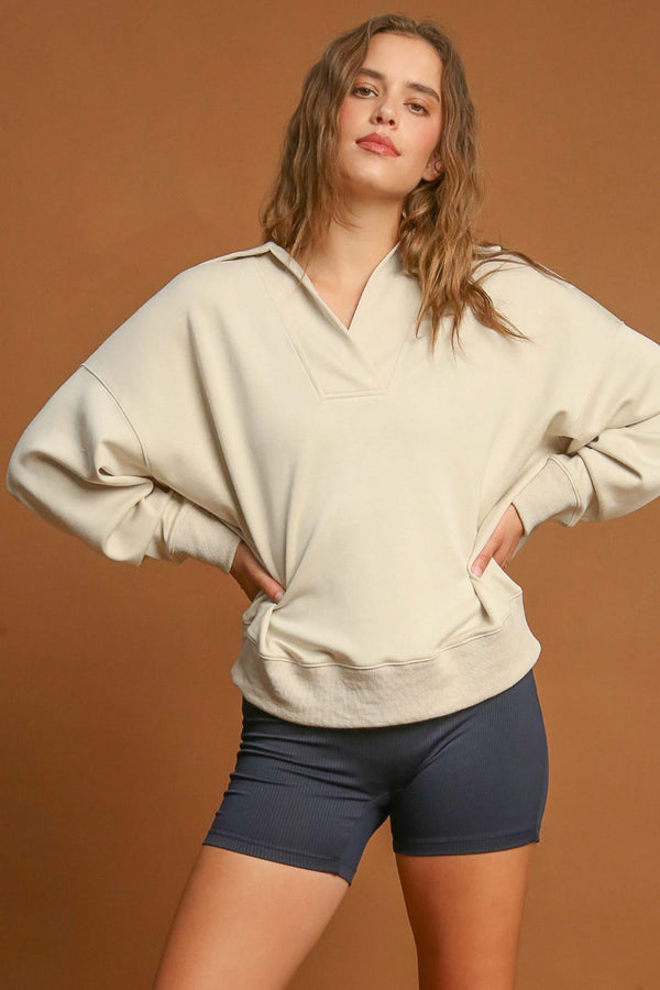 Umgee Johnny Collar Dropped Shoulder Sweatshirt - Teresa's Fashionista LLC