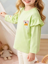 Children's Butterfly Embroidered Ruffled Long Sleeve T-Shirt