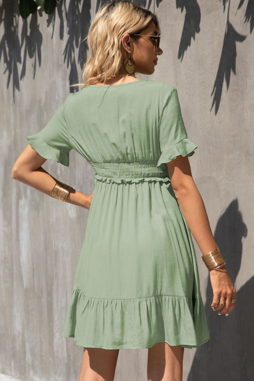 Smocked Waist Flounce Sleeve Ruffle Hem Dress-Teresa's Fashionista LLC