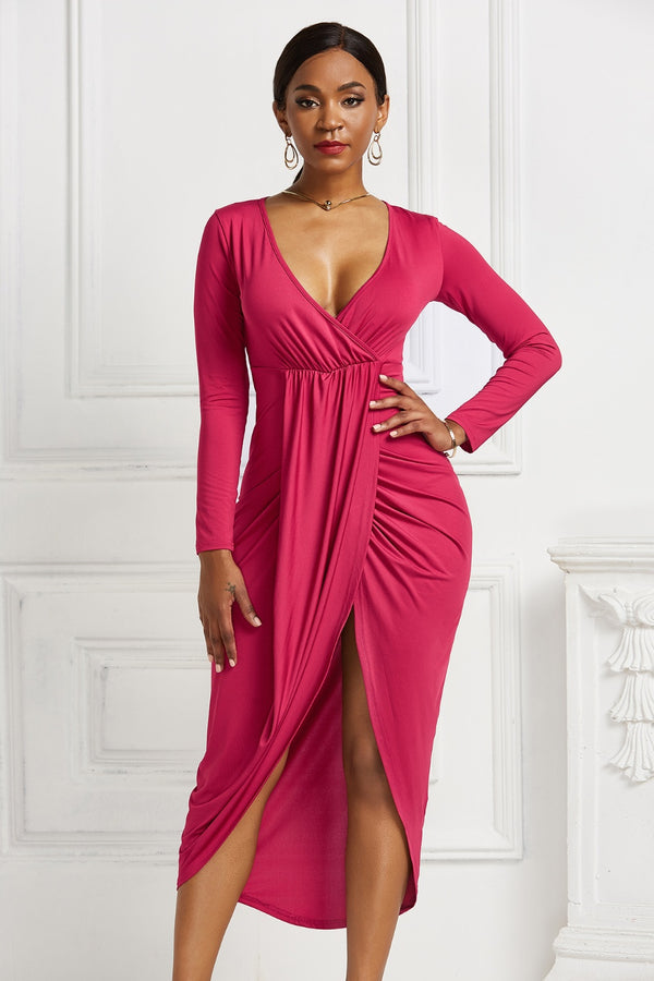 High-low Ruched Surplice Long Sleeve Dress-Teresa's Fashionista LLC