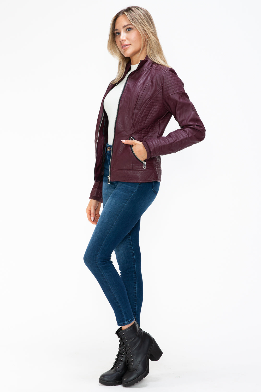 YMI Faux Layered Double-Zipper Jacket with Fuzzy Hood - Teresa's Fashionista LLC