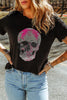 Skull round neck short sleeve t-shirt with rhinestone design.