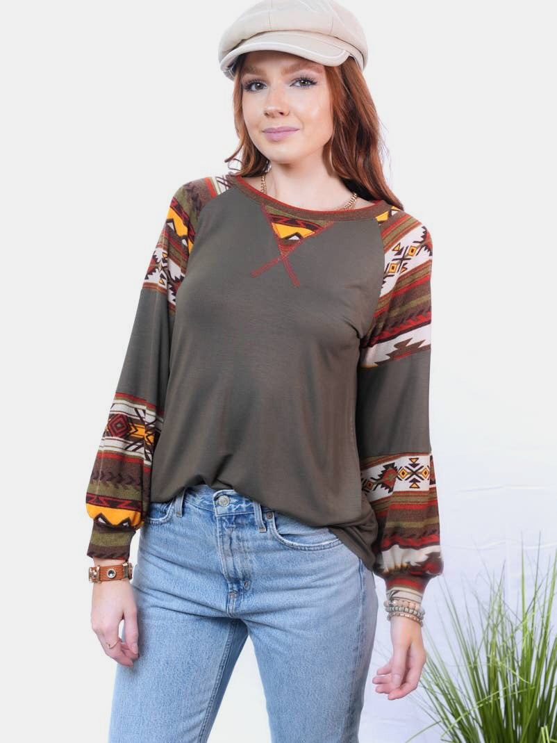 Celeste Full Size Geometric Round Neck Long Sleeve Top - Teresa's Fashionista LLC