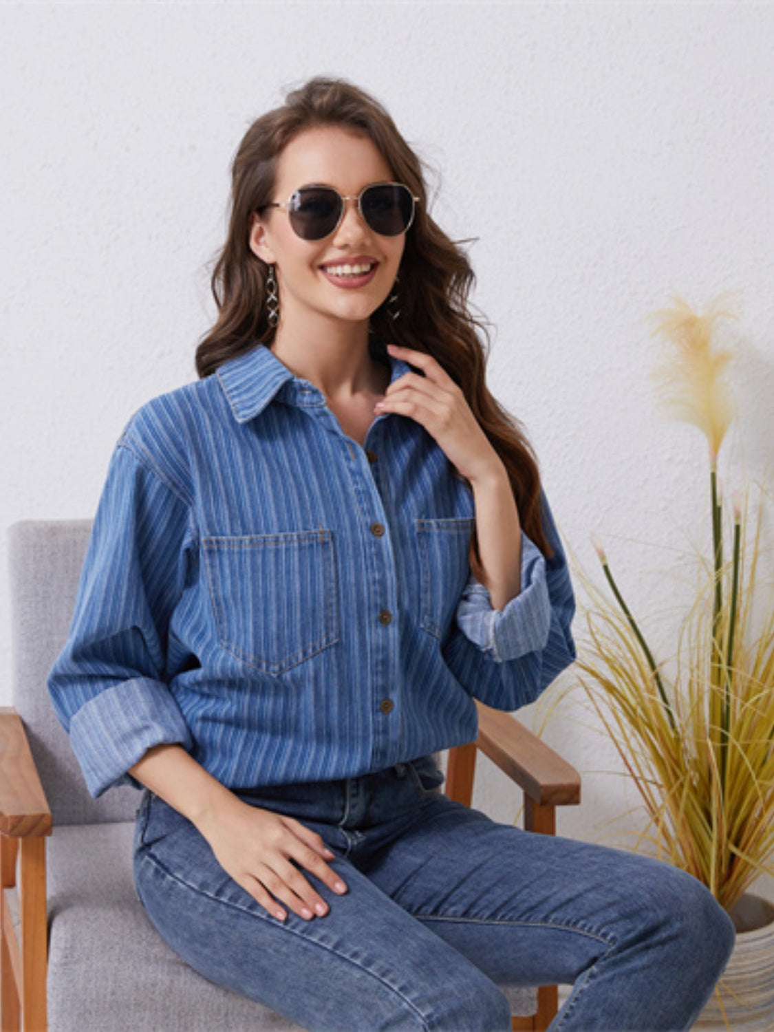 Pocketed Striped Button Up Denim Shirt-Teresa&#39;s Fashionista LLC