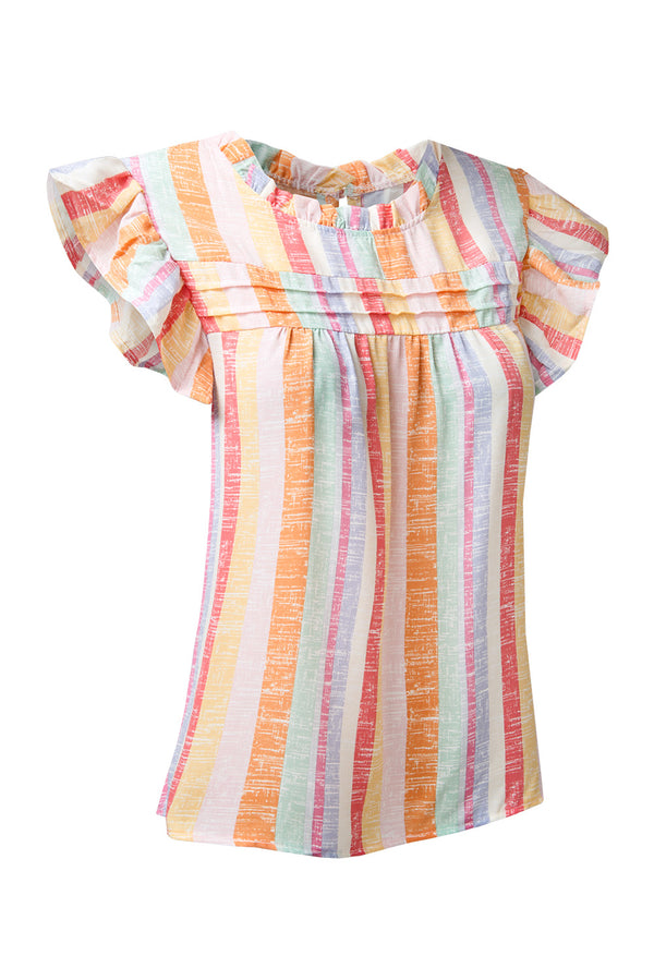 Ruffled Striped Round Neck Cap Sleeve Blouse-Teresa's Fashionista LLC
