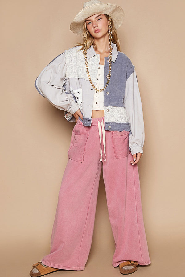 POL Crochet Patch Exposed Seam Button Up Jacket - Teresa's Fashionista LLC