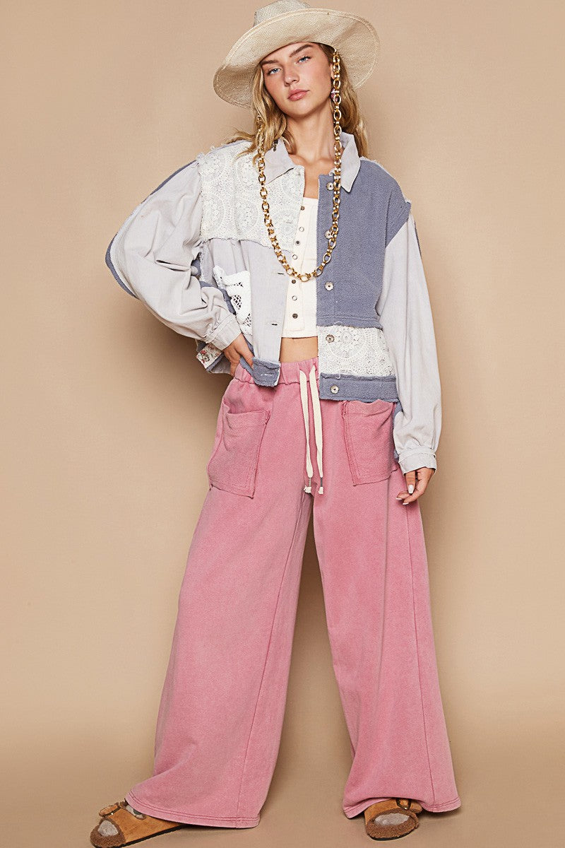 POL Crochet Patch Exposed Seam Button Up Jacket - Teresa's Fashionista LLC
