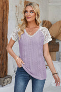 Eyelet V-Neck Lace Short Sleeve T-Shirt-Teresa's Fashionista LLC