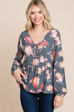 Super Lady Full Size Babydoll Floral Long Sleeve Blouse - Teresa's Fashionista LLC