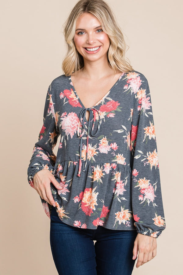 Super Lady Full Size Babydoll Floral Long Sleeve Blouse - Teresa's Fashionista LLC