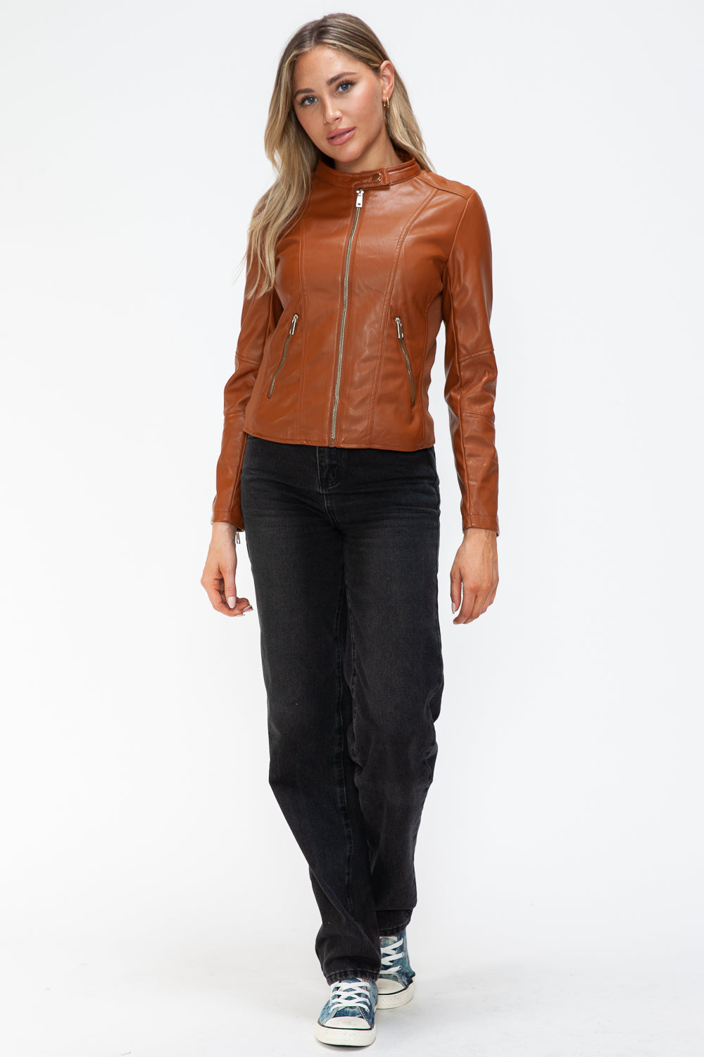 Snobbish Faux Leather Zip Up Drawstring Hooded Jacket - Teresa's Fashionista LLC