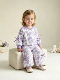 Children's Floral Print Round Neck Top and Pants Two-Piece Lounge Set