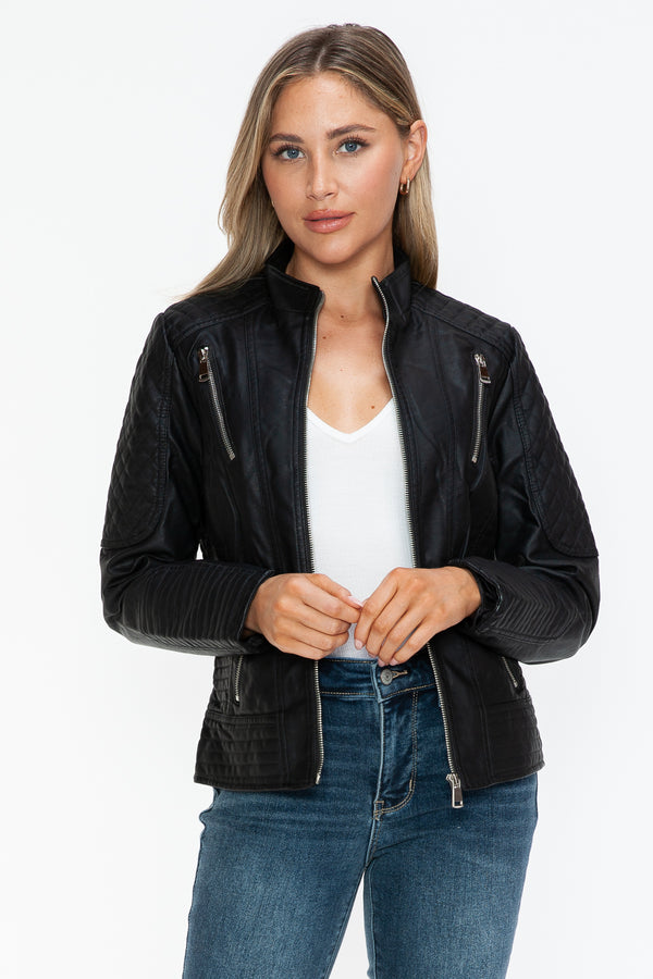 Snobbish Faux Leather Zip Up Mock Neck Jacket - Teresa's Fashionista LLC