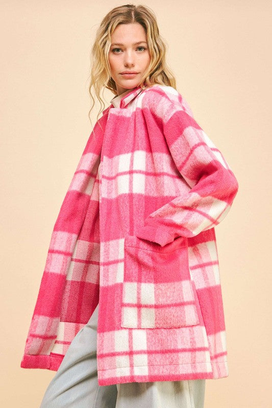 Davi & Dani Plaid Open Front Drop Shoulder Longline Coat - Teresa's Fashionista LLC