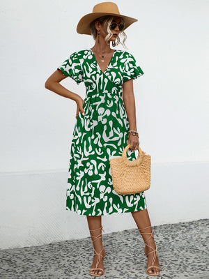 Printed V-Neck Short Sleeve Dress-Teresa's Fashionista LLC