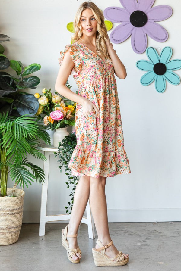 Heimish Full Size Floral Ruffled V-Neck Dress-Teresa's Fashionista LLC