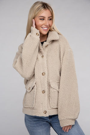 Cozy Sherpa Button-Front Jacket-Teresa's Fashionista LLC