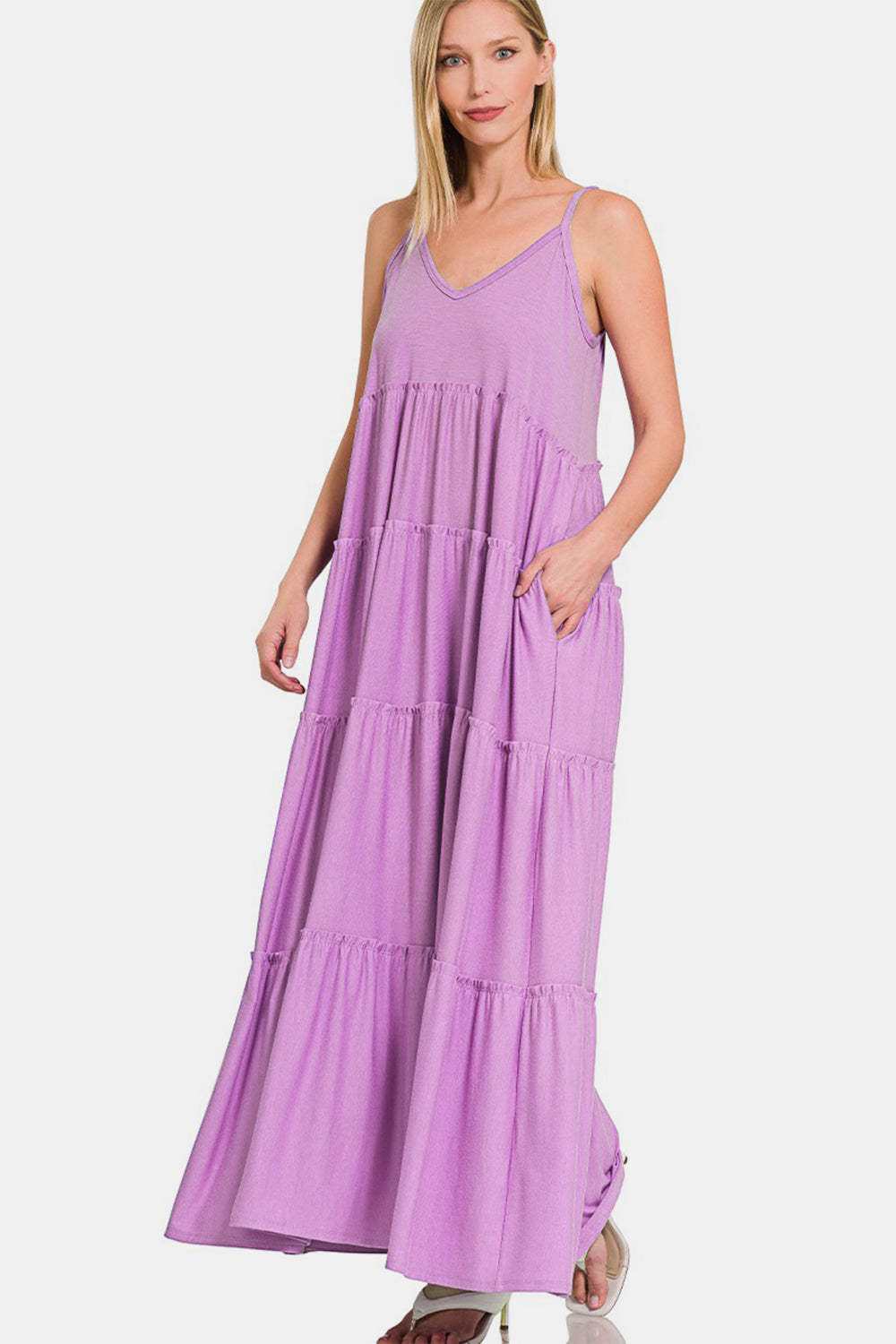 Zenana Frill Tiered V-Neck Maxi Cami Dress-Teresa's Fashionista LLC