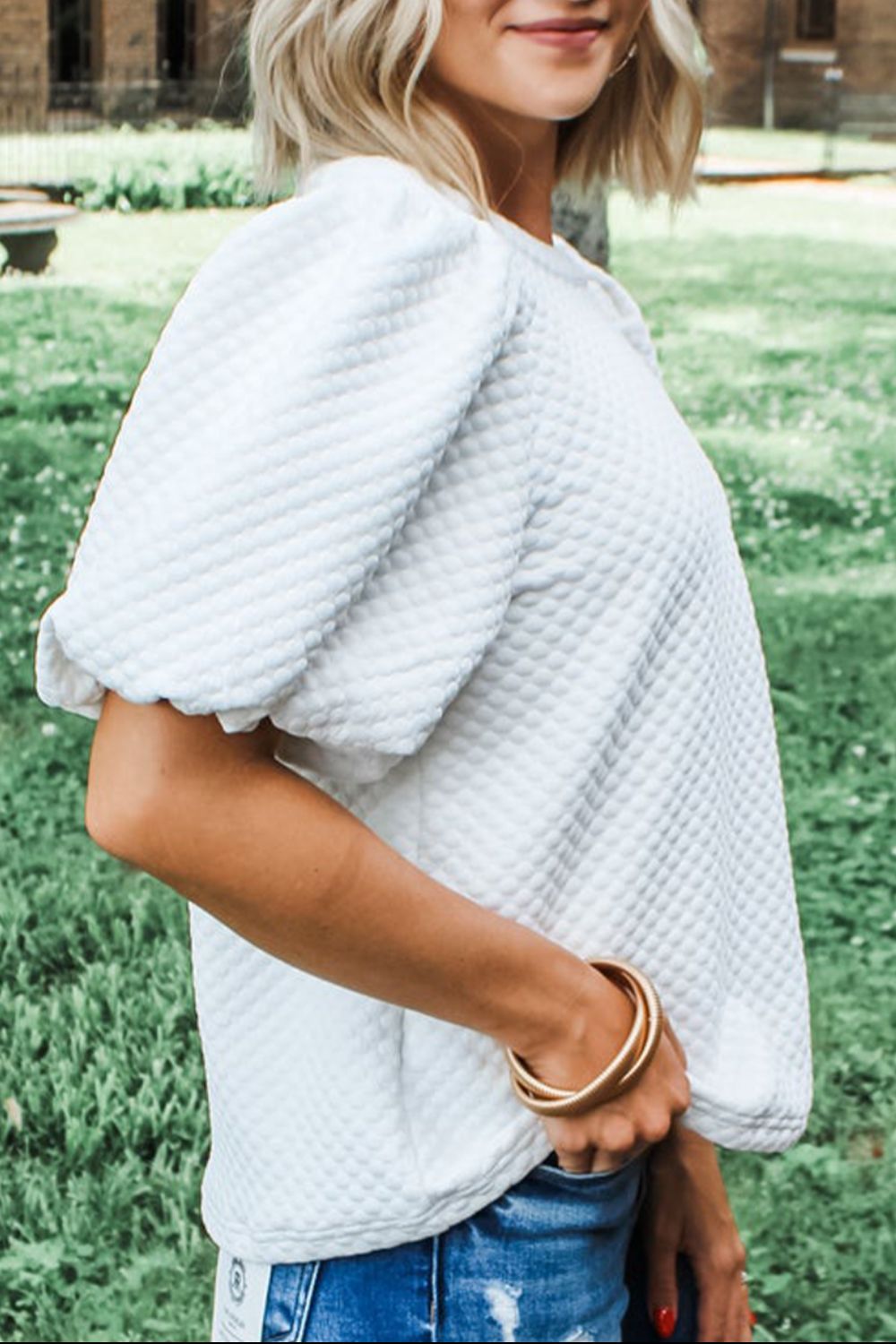 Textured Round Neck Puff Sleeve Blouse - Teresa's Fashionista LLC