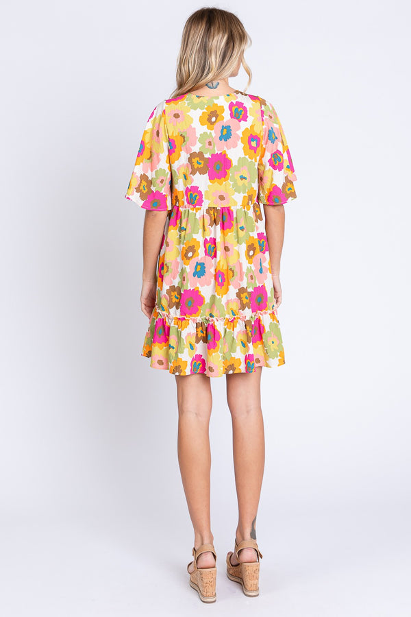 GeeGee Floral V-Neck Ruffle Hem Mini Dress-Teresa's Fashionista LLC