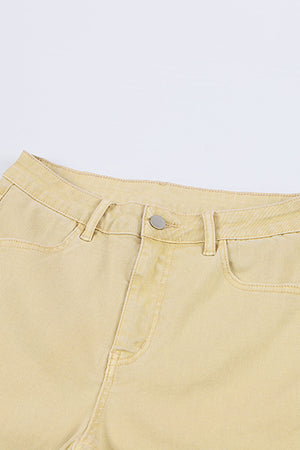Raw Edge Mid Waist Flared Jeans with pockets and raw hem.